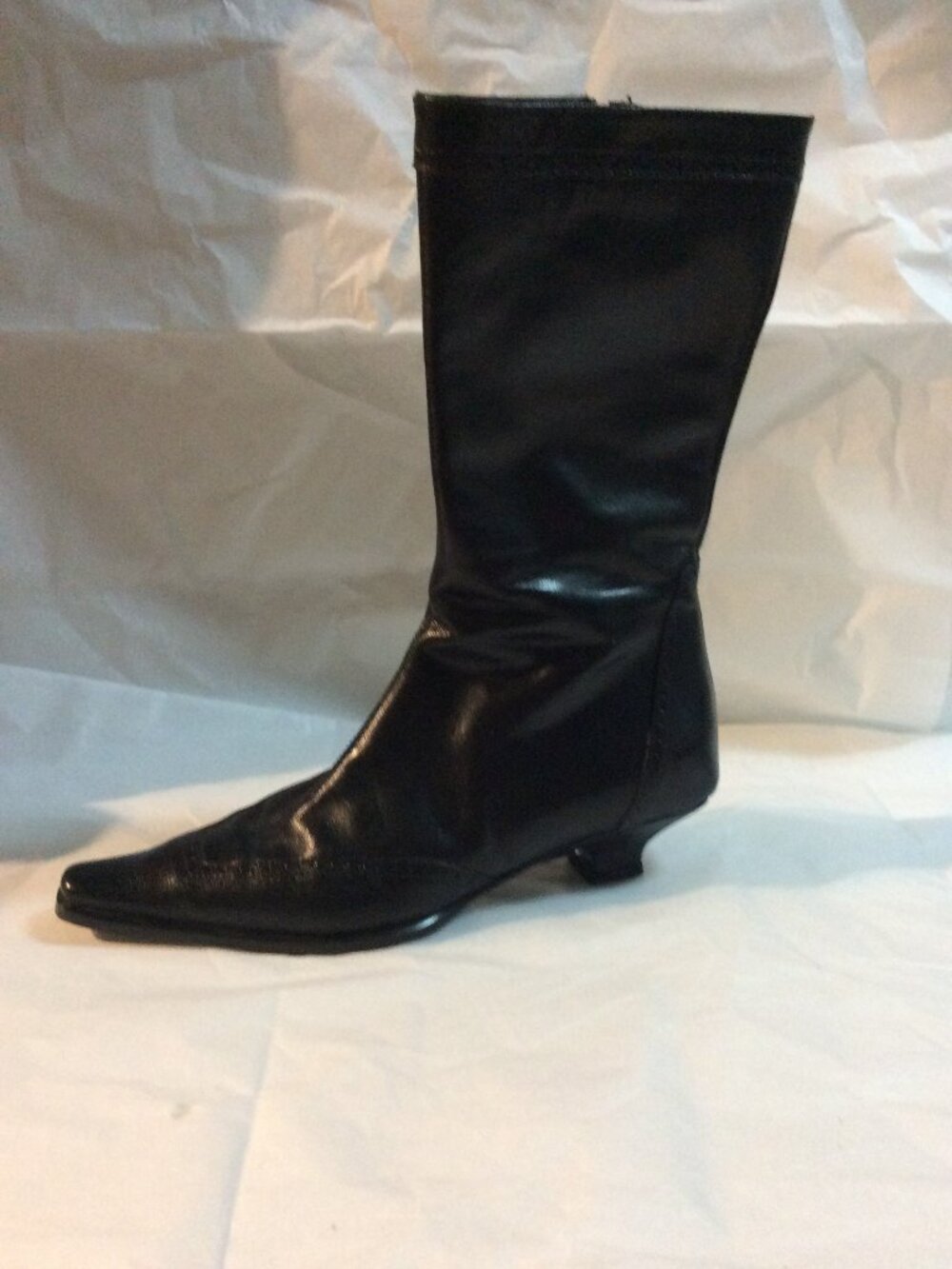 Mayis Black Leather Pointed Toe Kitten Heel Mid-Calf Boots Size 38